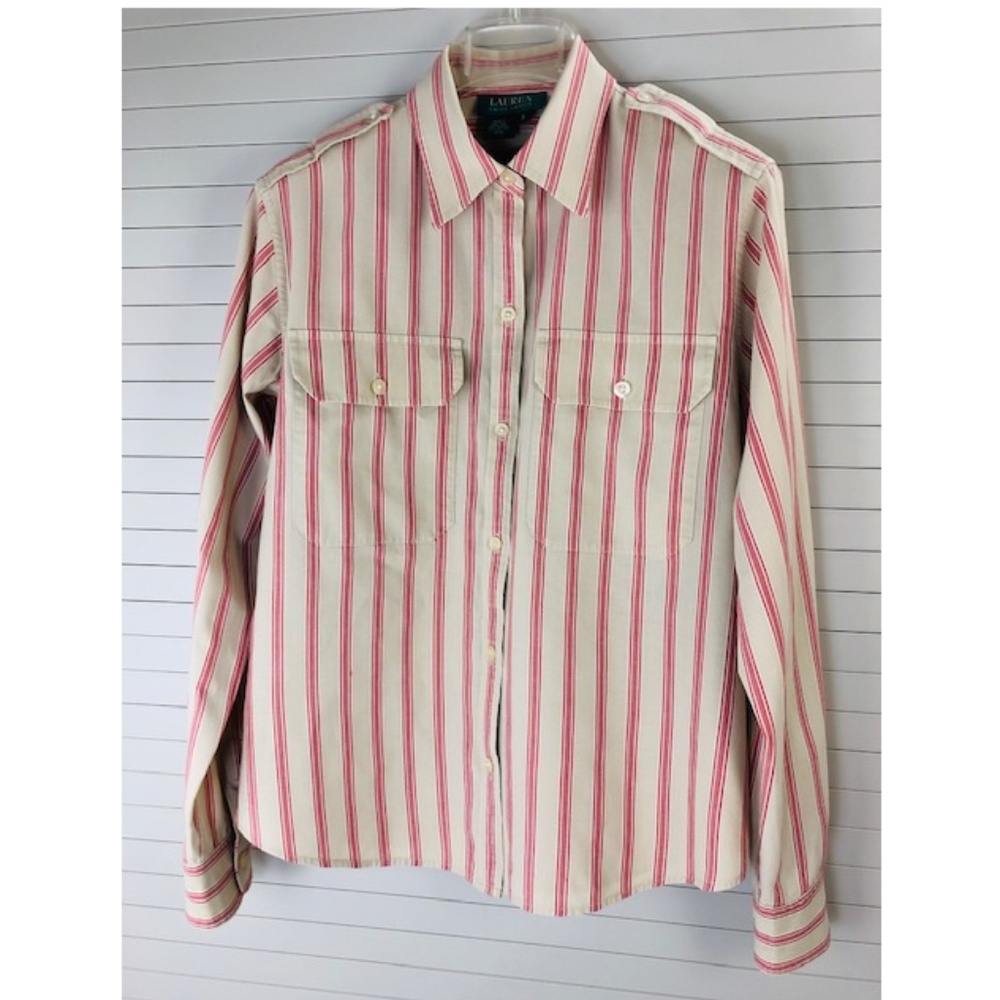 LAUREN Ralph Lauren Utility Shirt S NWT Striped Cotton, Double Pockets, Epaulets